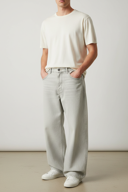 Pantalon Fluide Gris Clair Ample Décontracté Denim - Jean