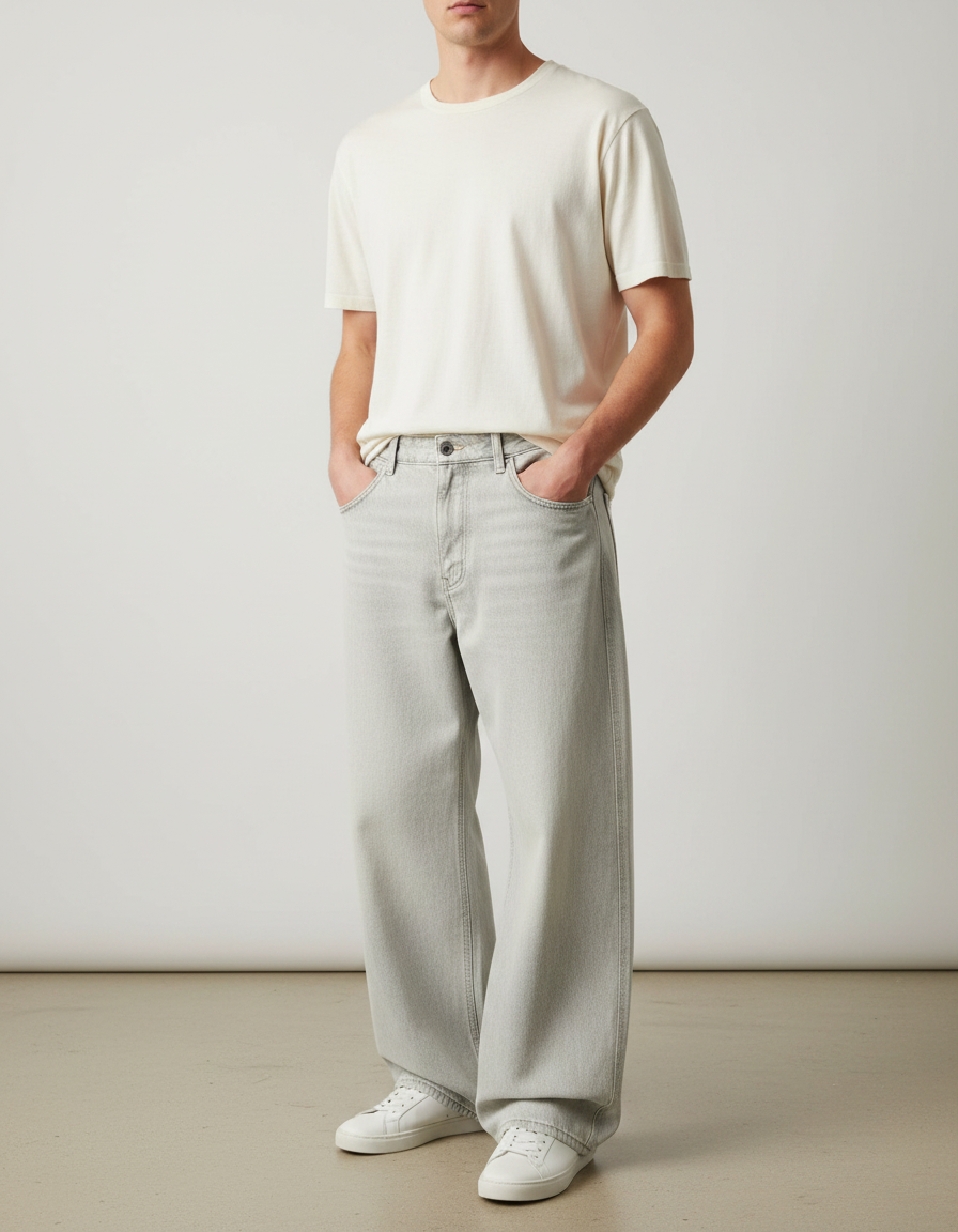 Pantalon Fluide Gris Clair Ample Décontracté Denim - Jean