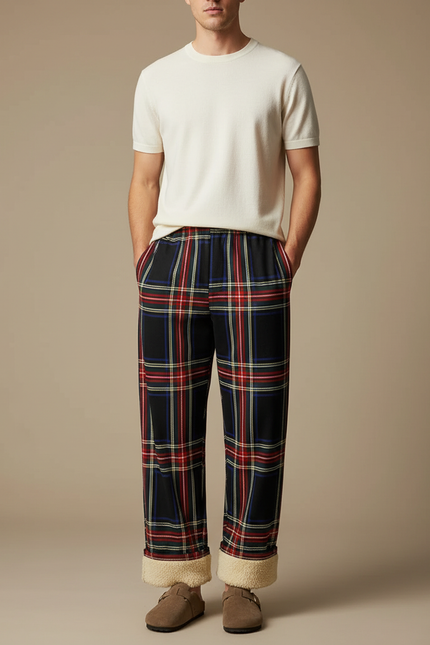 Pantalon Fluide Carreaux Noir Rouge Ample Doublé Homme - Multicolore Molleton