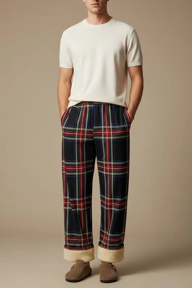 Pantalon Fluide Carreaux Noir Rouge Ample Doublé Homme - Multicolore Molleton