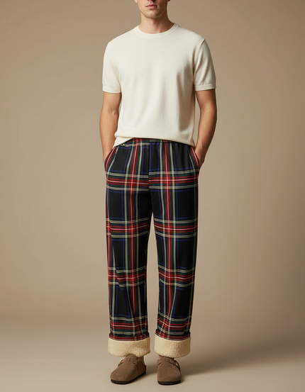 Pantalon Fluide Carreaux Noir Rouge Ample Doublé Homme - Multicolore Molleton