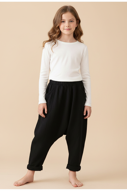 Pantalon Fluide Noir Lin Ample Harem Enfant
