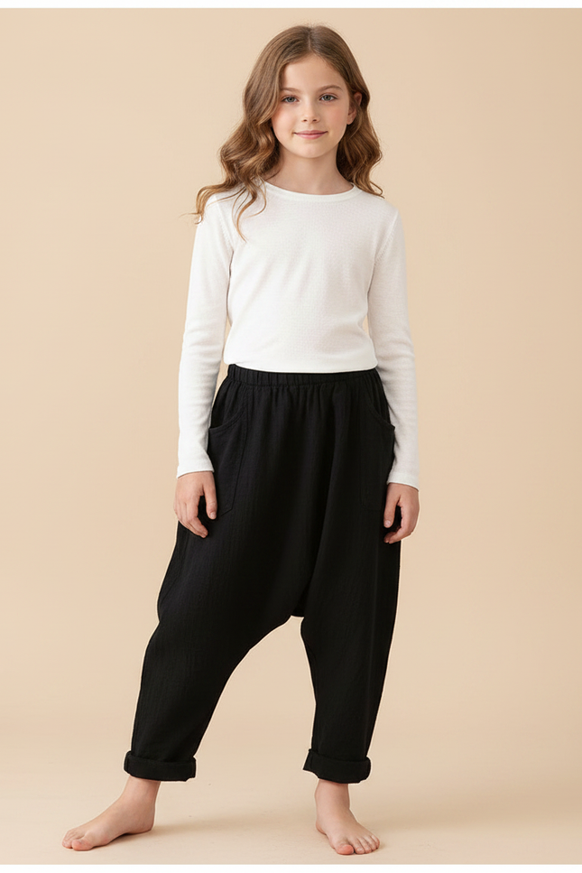 Pantalon Fluide Noir Lin Ample Harem Enfant