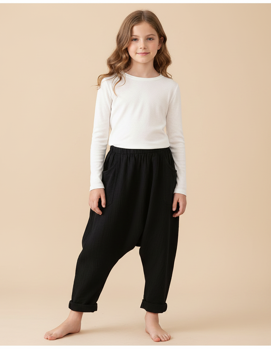 Pantalon Fluide Noir Lin Ample Harem Enfant