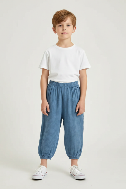 Pantalon Fluide Bleu Ciel Coton Ample Garçon Décontracté
