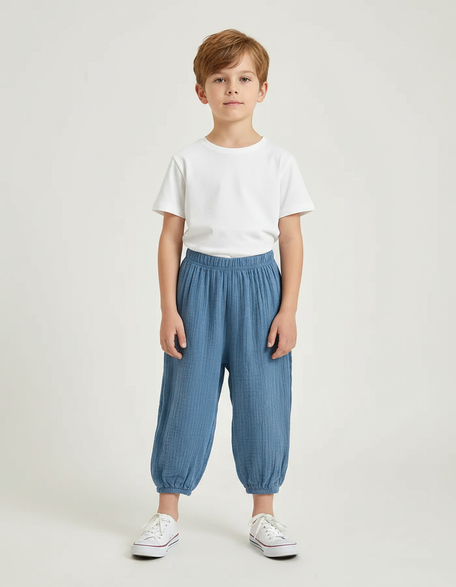 Pantalon Fluide Bleu Ciel Coton Ample Garçon Décontracté