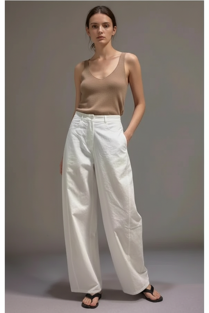 Pantalon Fluide Blanc Ample Décontracté Lin Coton