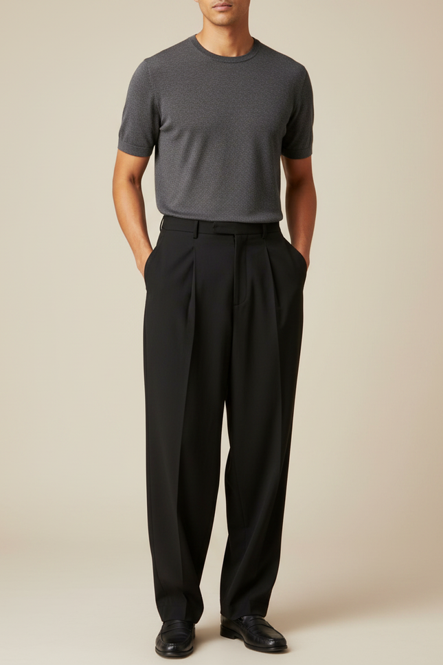 Pantalon Fluide Noir Ample Plissé Homme Formel - Polyester