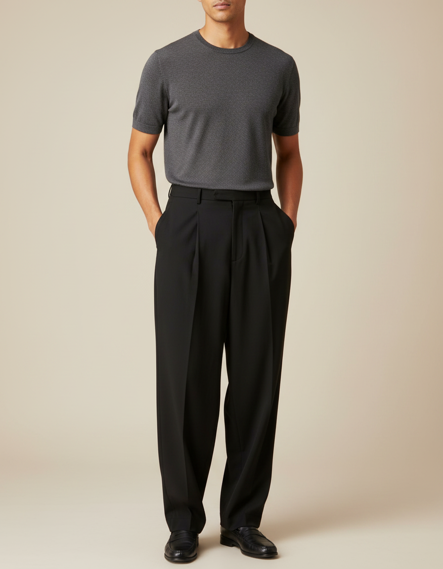 Pantalon Fluide Noir Ample Plissé Homme Formel - Polyester