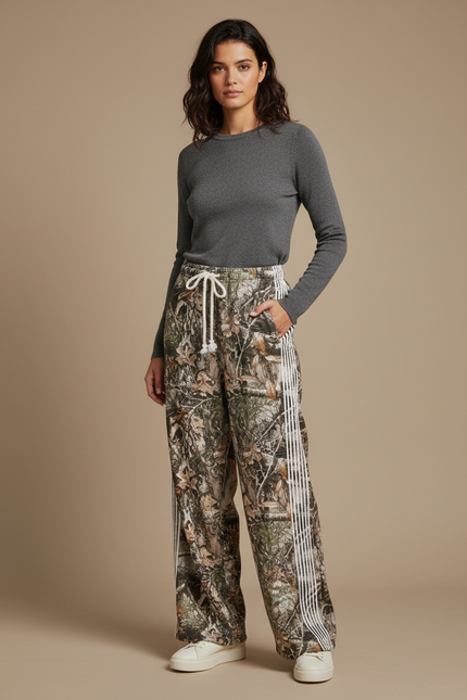 Pantalon Fluide Camouflage Rayé Ample Décontracté Coton - Imprimé Molleton