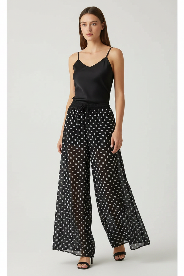Pantalon Fluide Noir Ample Pois Chiffon Femme - Polyester