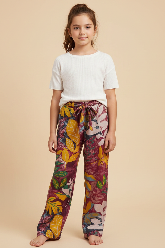 Pantalon Fluide Imprimé Floral Large Rouge Fille - Bordeaux Viscose