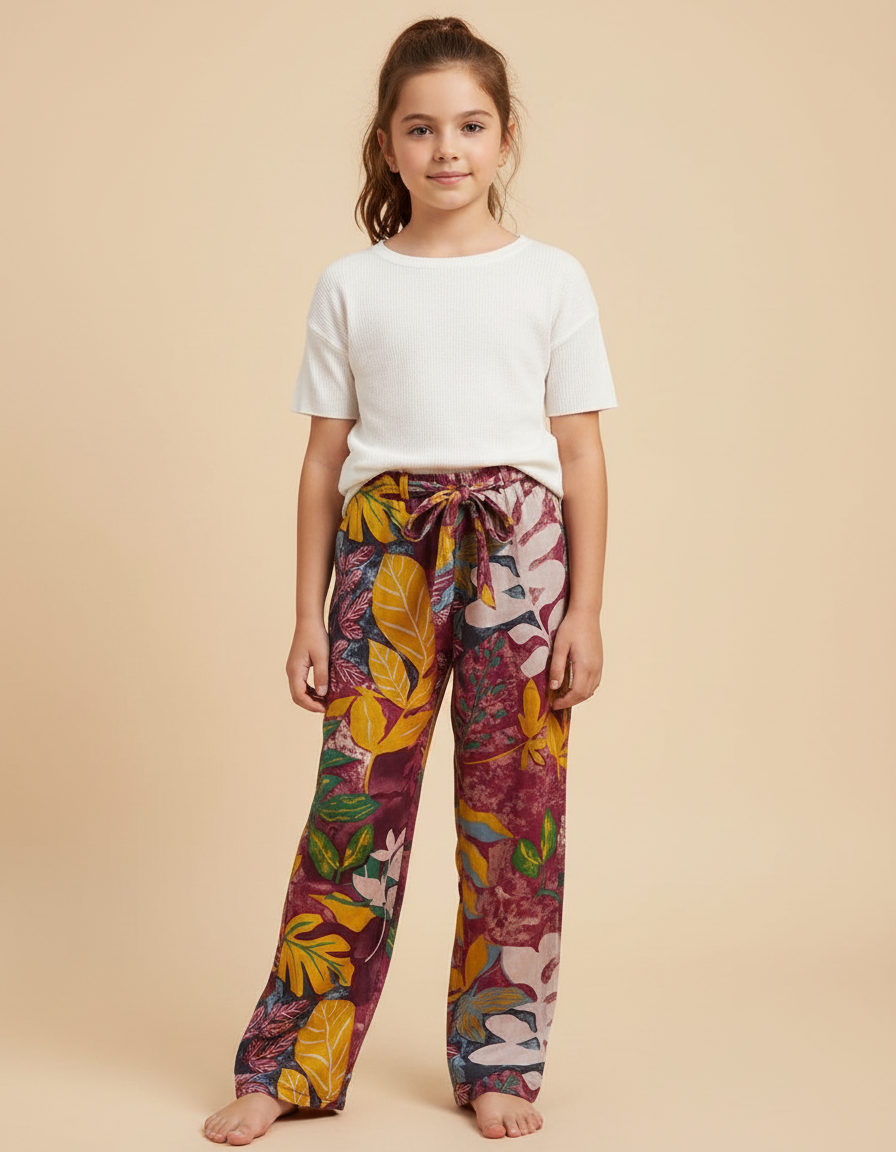 Pantalon Fluide Imprimé Floral Large Rouge Fille - Bordeaux Viscose