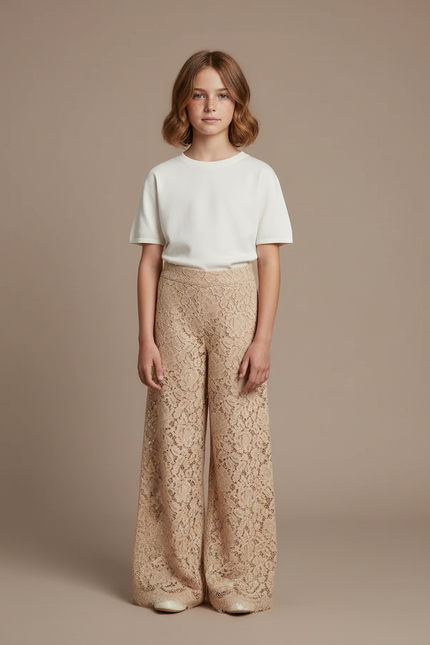 Pantalon Fluide Beige Dentelle Ample Fille Élégant - Polyester