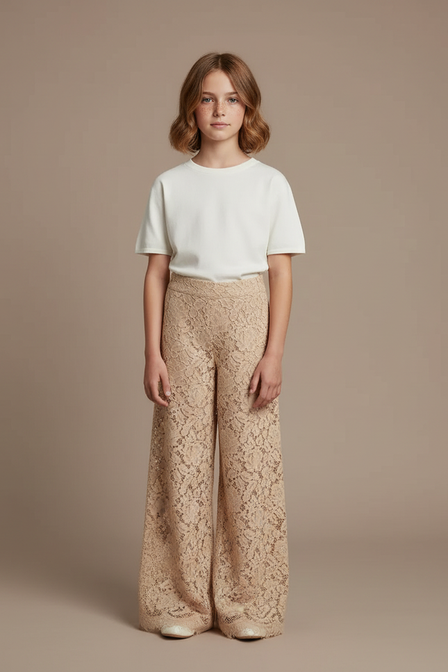 Pantalon Fluide Beige Dentelle Ample Fille Élégant - Polyester