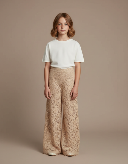 Pantalon Fluide Beige Dentelle Ample Fille Élégant - Polyester