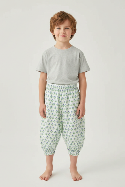 Pantalon Fluide Imprimé Floral Vert Ample Enfant - Viscose