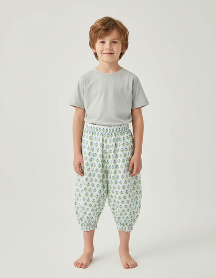 Pantalon Fluide Imprimé Floral Vert Ample Enfant - Viscose