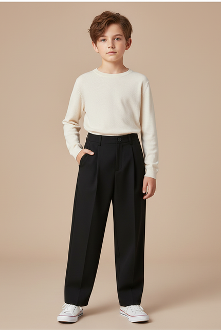 Pantalon Fluide Noir Ample Plissé Taille Haute - Gabardine