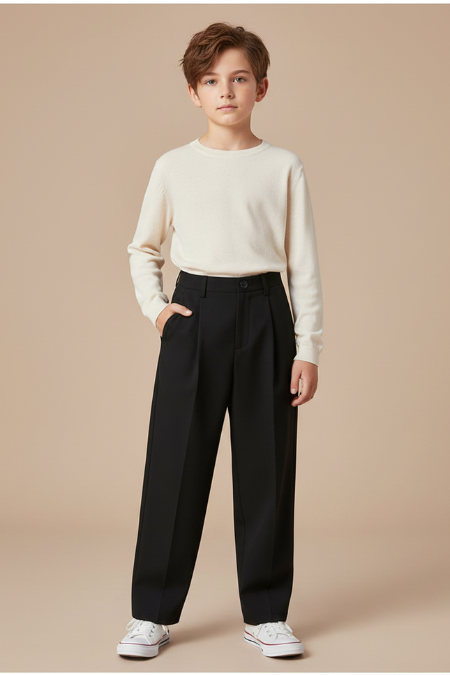 Pantalon Fluide Noir Ample Plissé Taille Haute - Gabardine