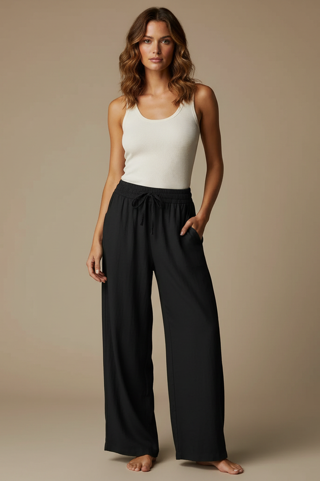 Pantalon Fluide Femme Noir Palazzo Viscose Été