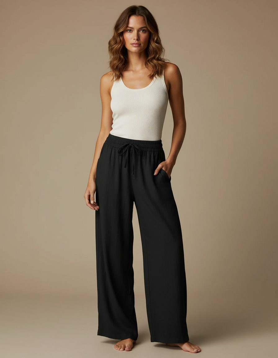 Pantalon Fluide Femme Noir Palazzo Viscose Été