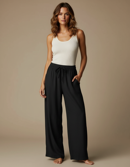 Pantalon Fluide Femme Noir Palazzo Viscose Été