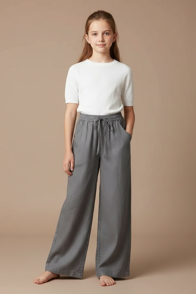 Pantalon Fluide Gris Ample Coton Lin Confortable