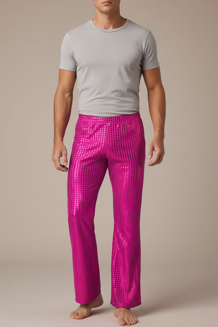 Pantalon Fluide Rose Paillettes Disco Évasé Homme - Polyester