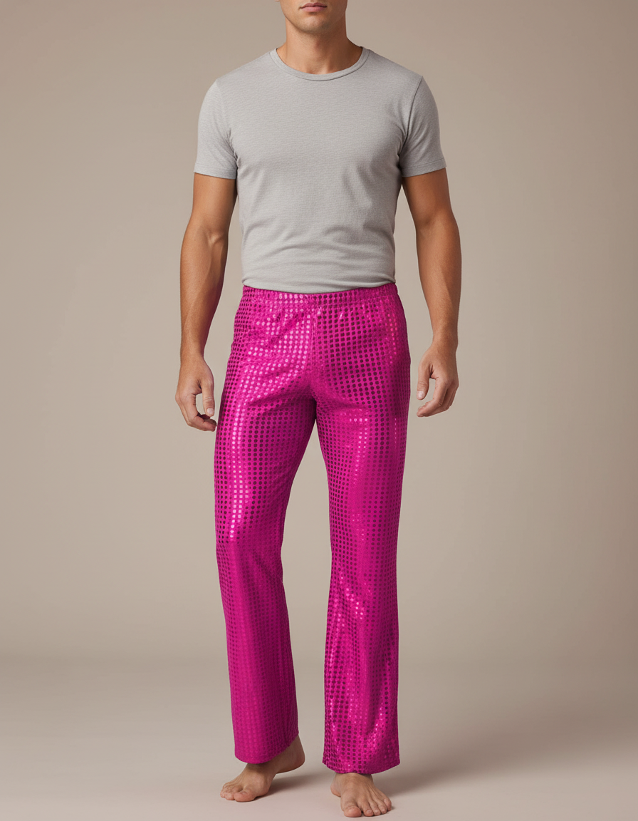 Pantalon Fluide Rose Paillettes Disco Évasé Homme - Polyester