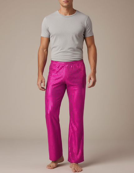 Pantalon Fluide Rose Paillettes Disco Évasé Homme - Polyester
