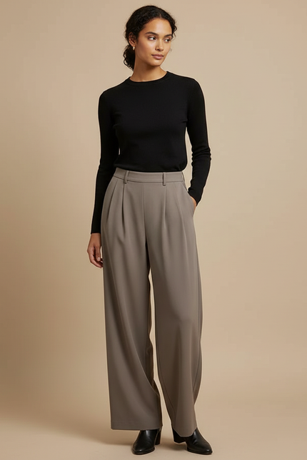 Pantalon Fluide Gris Ample Plissé Chic Femme - Viscose