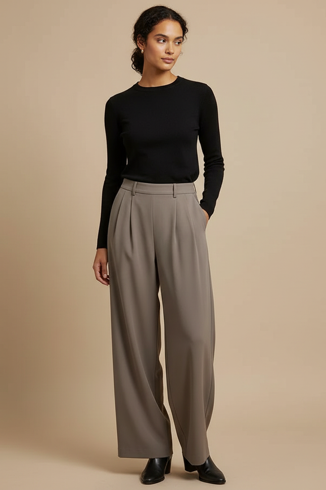 Pantalon Fluide Gris Ample Plissé Chic Femme - Viscose