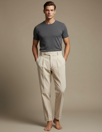 Pantalon Fluide Beige Côtelé Plissé Élégant Homme - Cordé