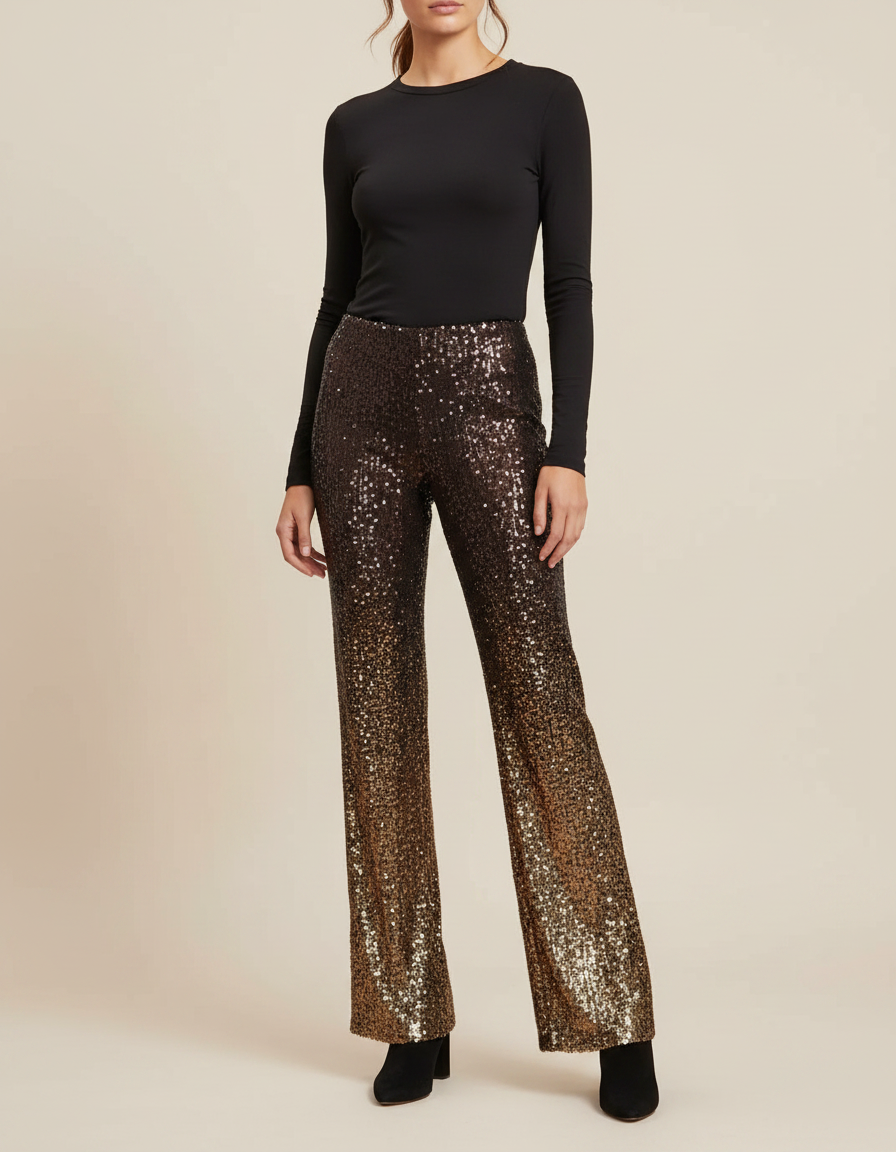 Pantalon Fluide Paillettes Ombré Évasé Élégant Chic - Doré Polyester