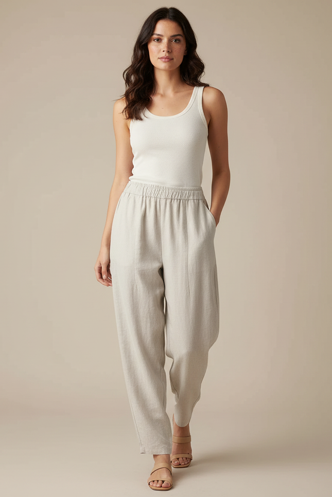 Pantalon Fluide Écru Coton Lin Ample Décontracté Harem - Beige