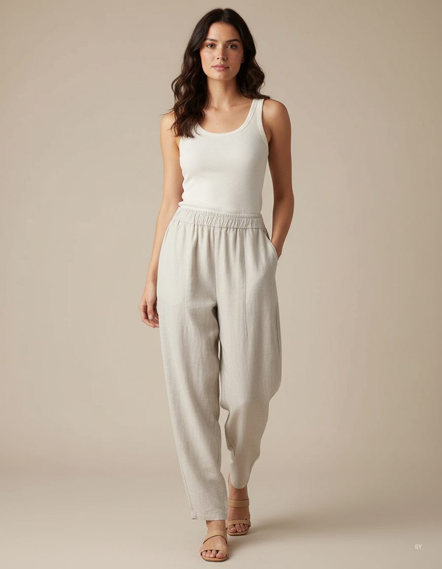 Pantalon Fluide Écru Coton Lin Ample Décontracté Harem - Beige