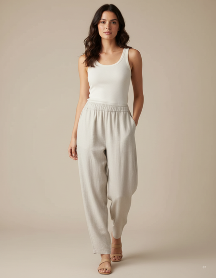 Pantalon Fluide Écru Coton Lin Ample Décontracté Harem - Beige