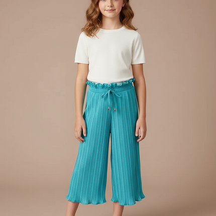 Pantalon Fluide Plissé Turquoise Fille Taille Élastique - Bleu Polyester