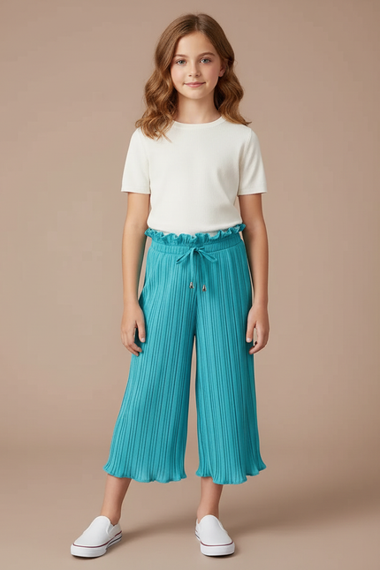 Pantalon Fluide Plissé Turquoise Fille Taille Élastique - Bleu Polyester