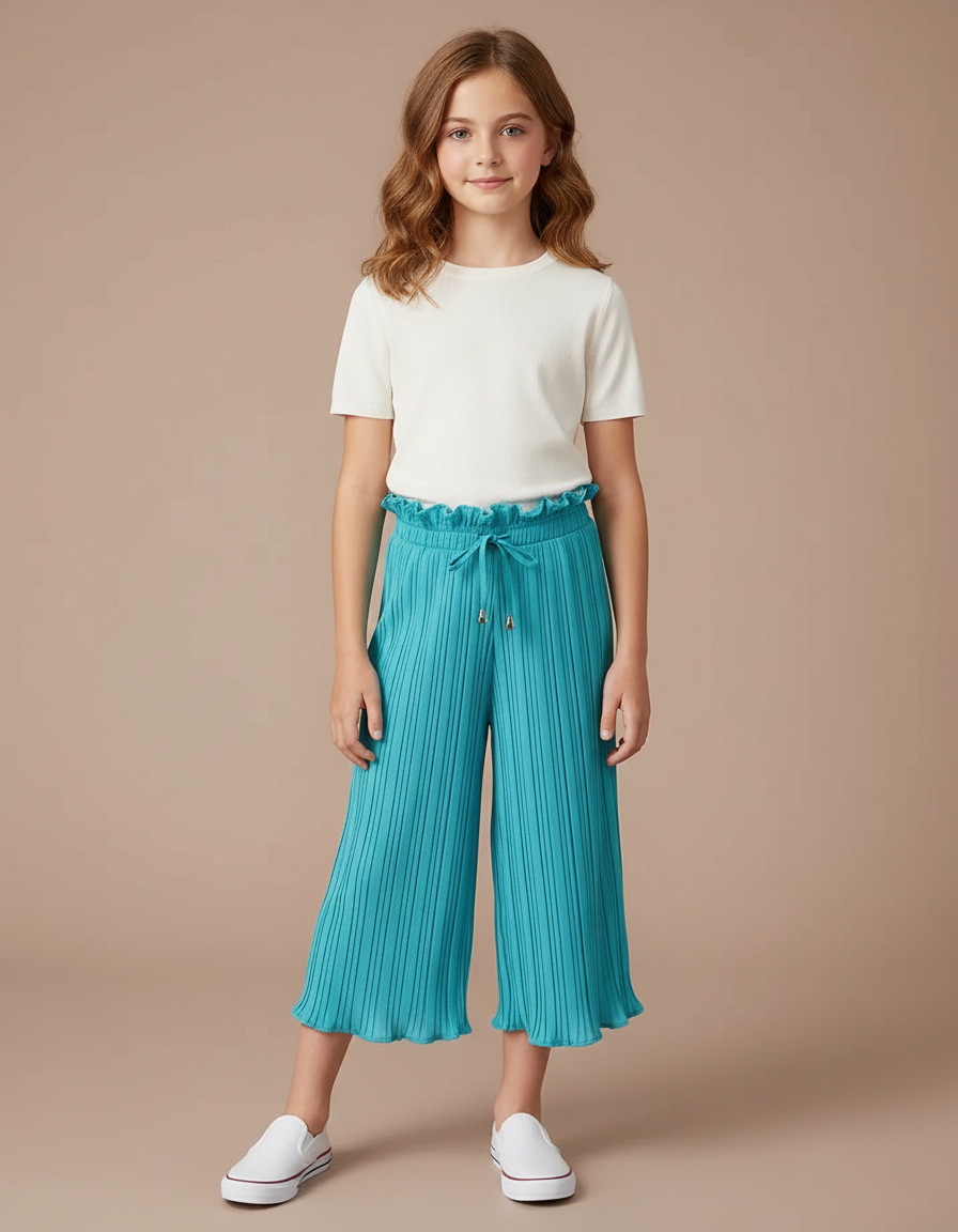 Pantalon Fluide Plissé Turquoise Fille Taille Élastique - Bleu Polyester