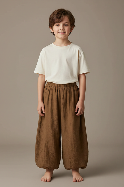 Pantalon Fluide Marron Coton Ample Décontracté Enfant Garçon Fille