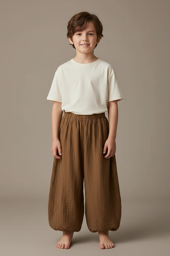 Pantalon Fluide Marron Coton Ample Décontracté Enfant Garçon Fille