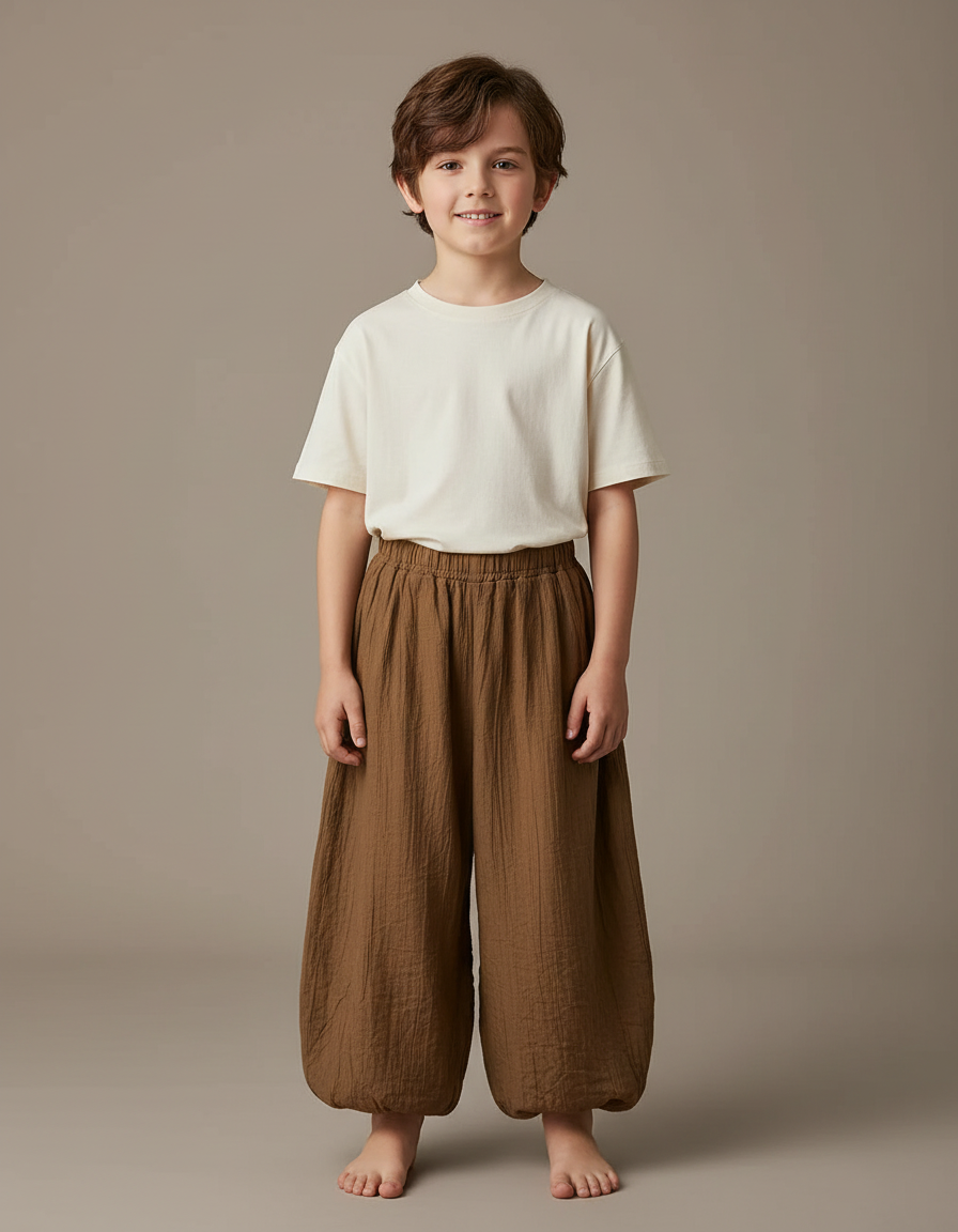 Pantalon Fluide Marron Coton Ample Décontracté Enfant Garçon Fille