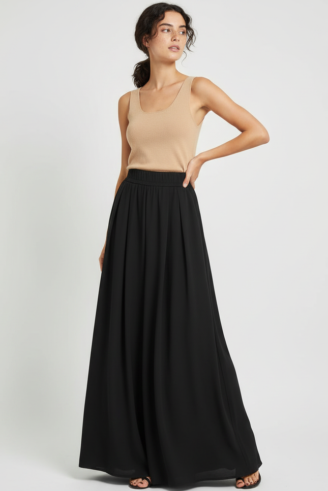 Pantalon Fluide Noir Ample Plissé Long Élégant - Polyester