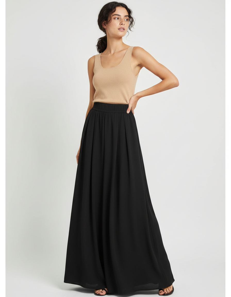 Pantalon Fluide Noir Ample Plissé Long Élégant - Polyester