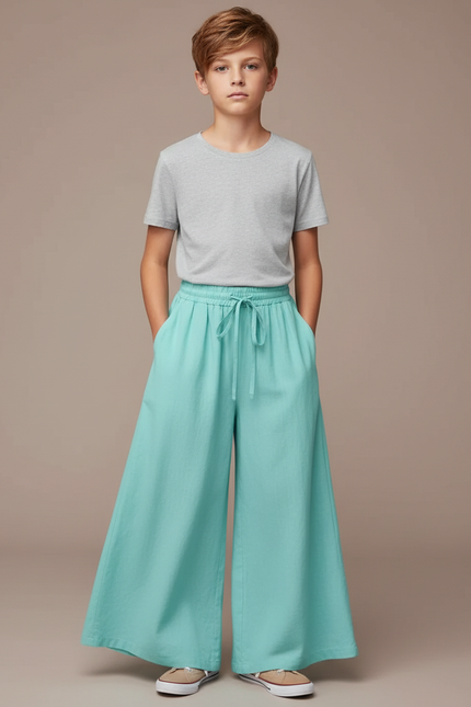Pantalon Fluide Ample Vert Menthe Cordon Confortable - Lin