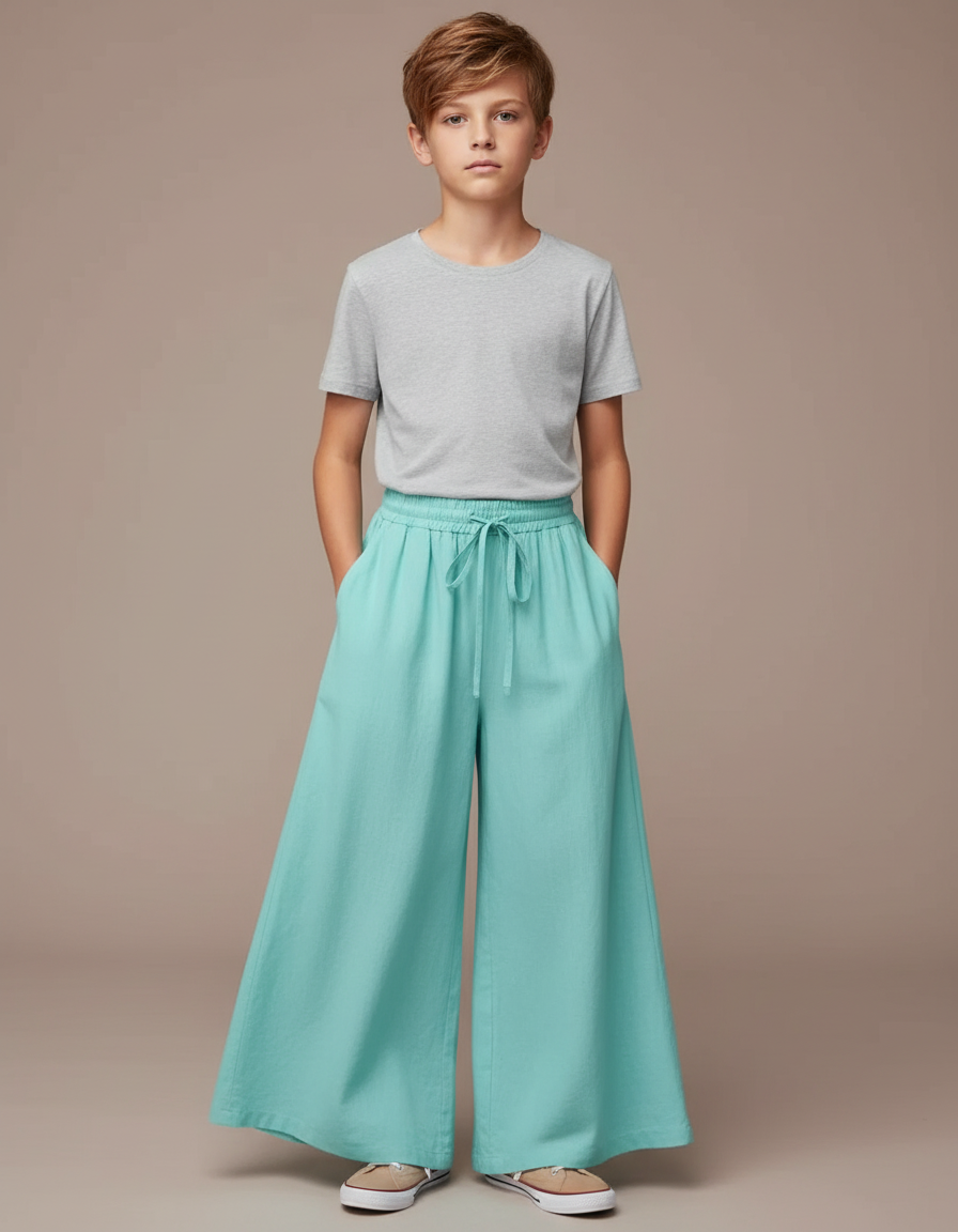 Pantalon Fluide Ample Vert Menthe Cordon Confortable - Lin