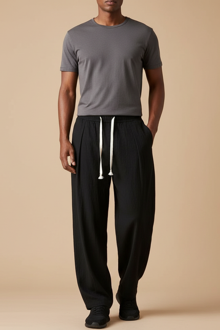 Pantalon Fluide Noir Ample Cordon Décontracté - Lin