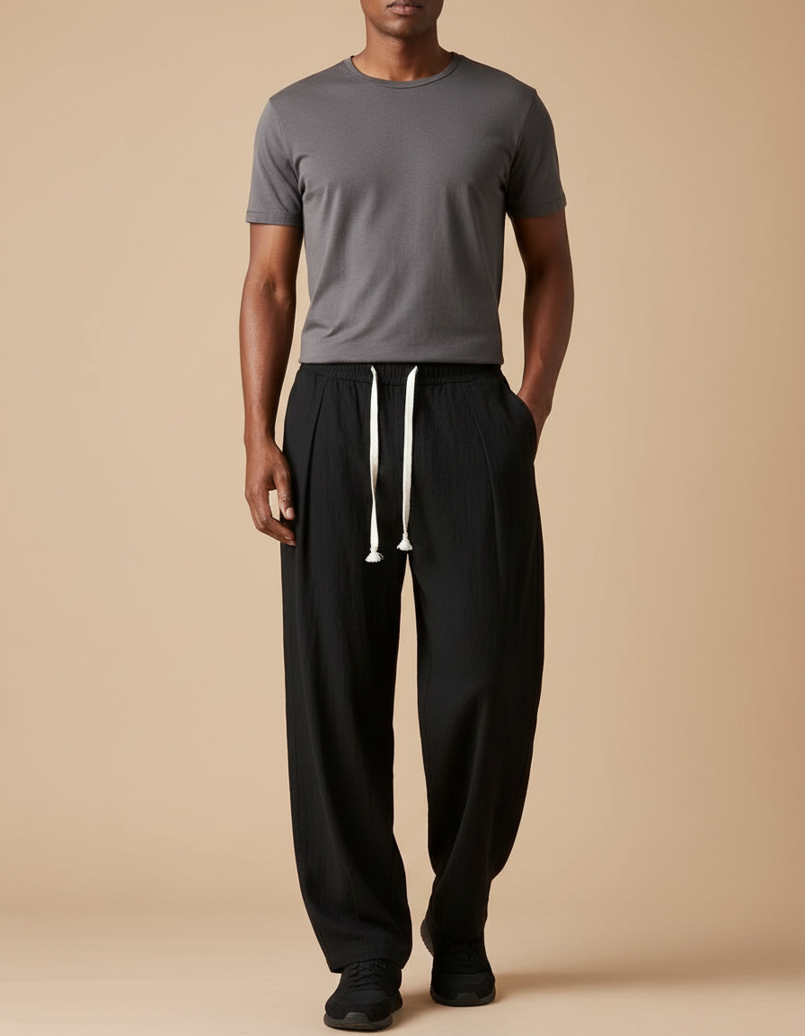 Pantalon Fluide Noir Ample Cordon Décontracté - Lin